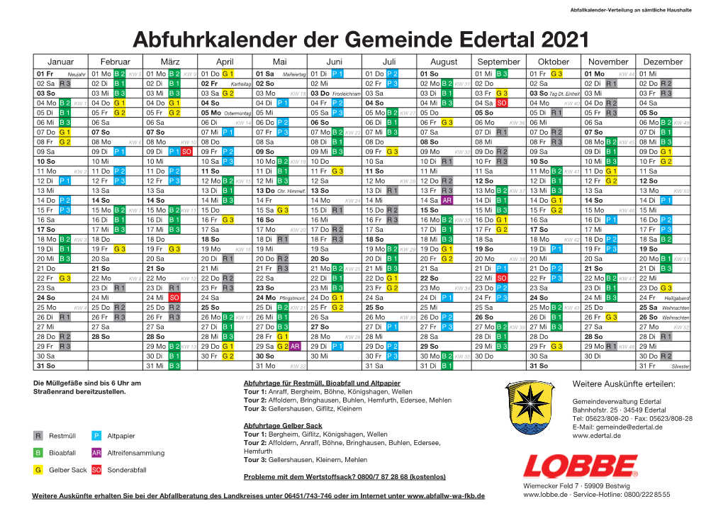 Abfuhrkalender Der Gemeinde Edertal 2021 Januar Februar März April Mai Juni Juli August September Oktober November Dezember