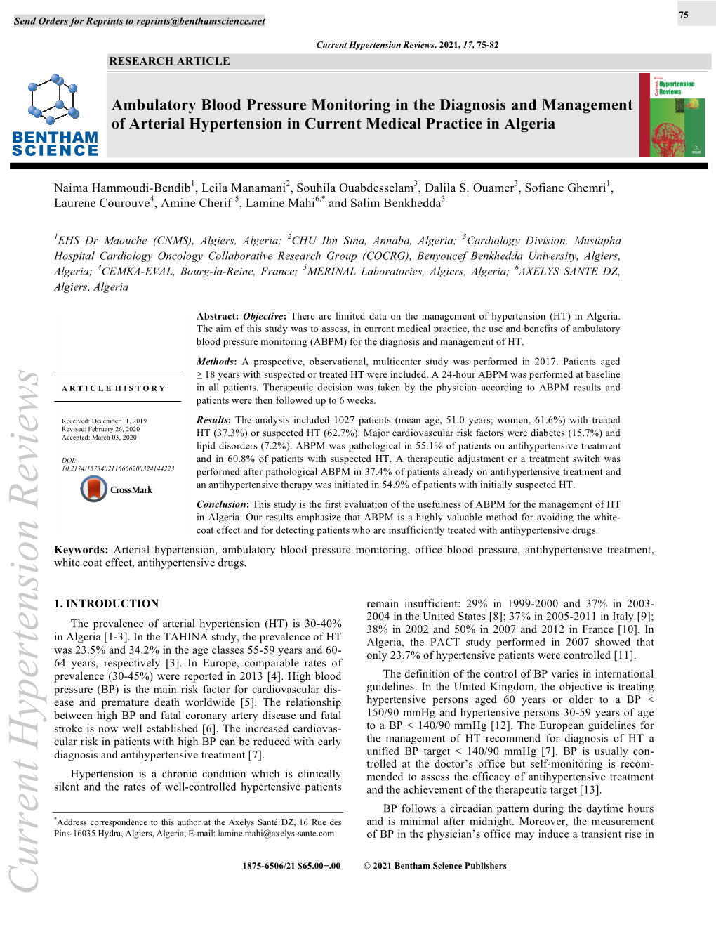 Ambulatory Blood Pressure Monitoring in the Diagnosis and Management of Arterial Hypertension in Current Medical Practice in Algeria