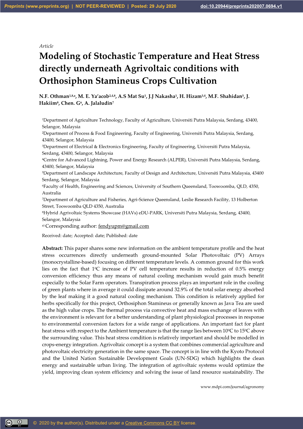 Modeling of Stochastic Temperature and Heat Stress Directly Underneath Agrivoltaic Conditions with Orthosiphon Stamineus Crops Cultivation