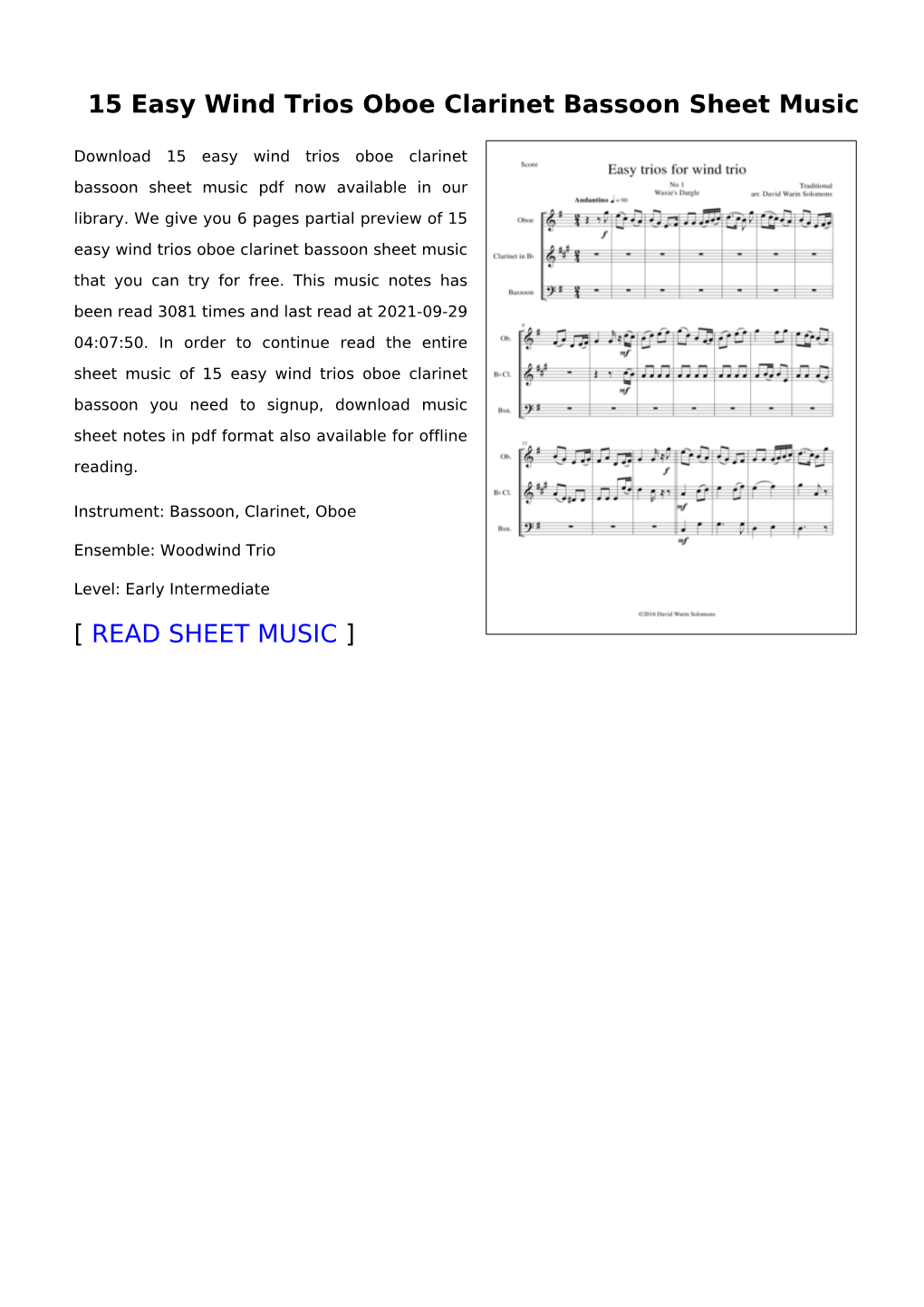 15 Easy Wind Trios Oboe Clarinet Bassoon Sheet Music