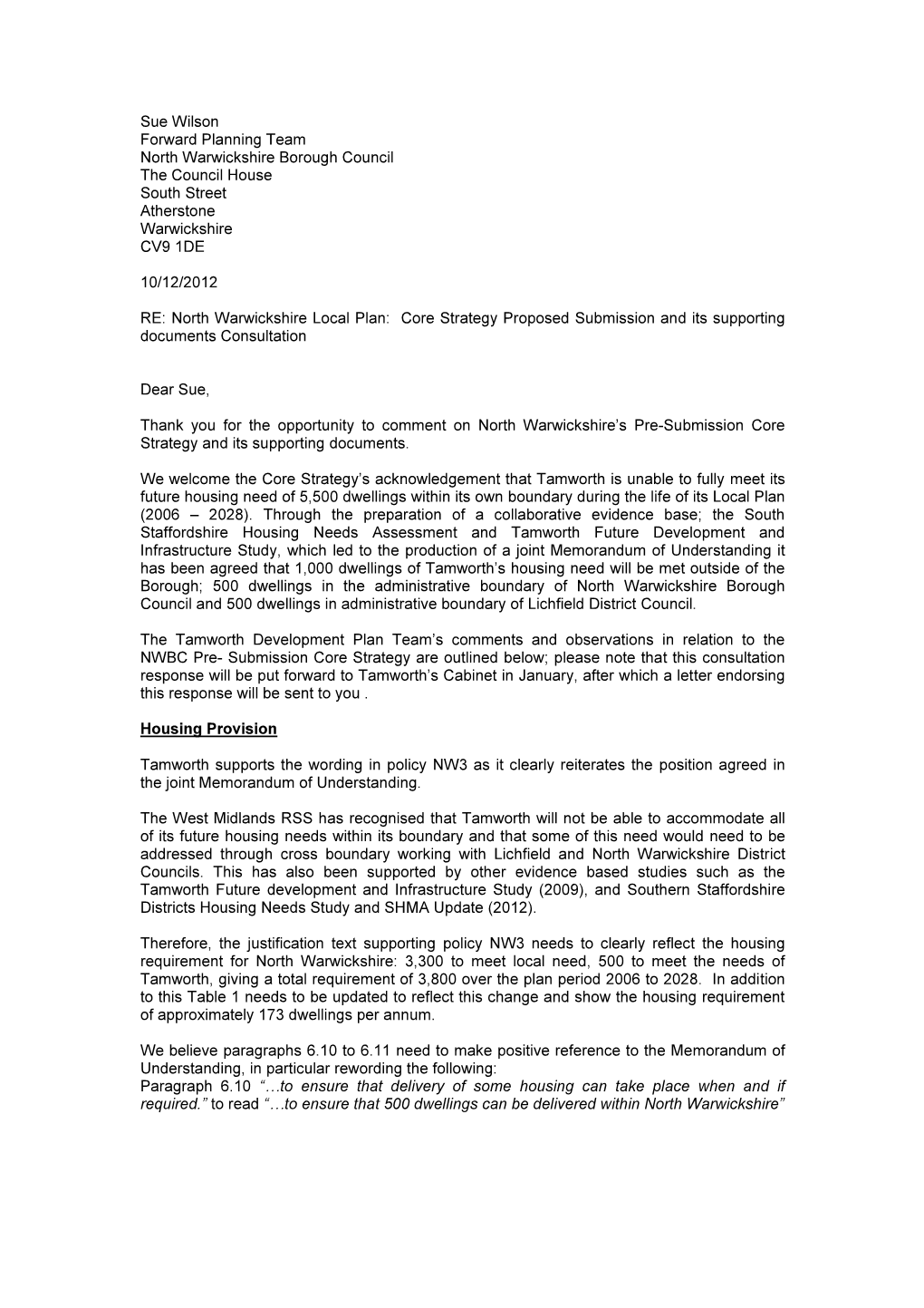 Sue Wilson Forward Planning Team North Warwickshire Borough Council the Council House South Street Atherstone Warwickshire CV9 1DE