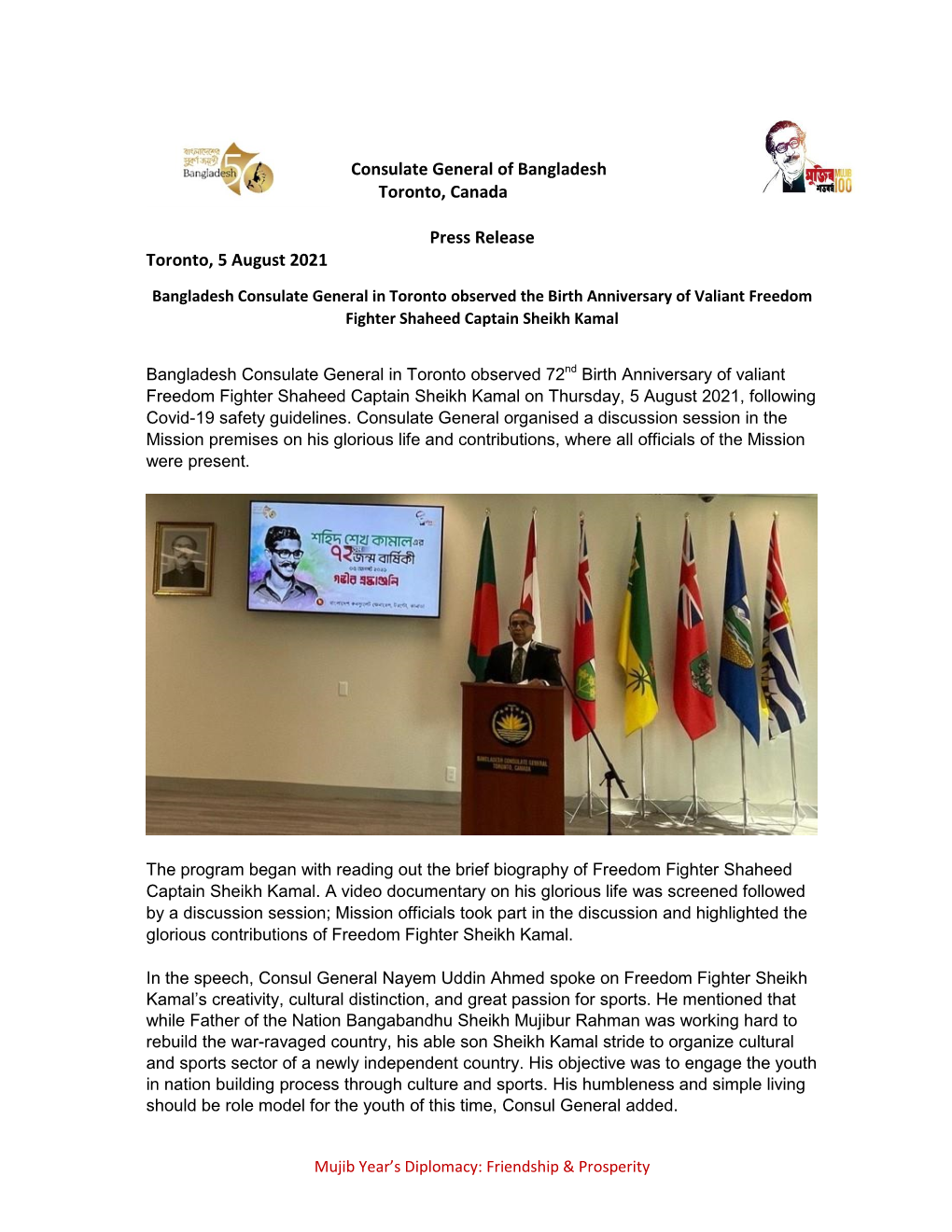 Consulate General of Bangladesh Toronto, Canada Press Release Toronto, 5 August 2021