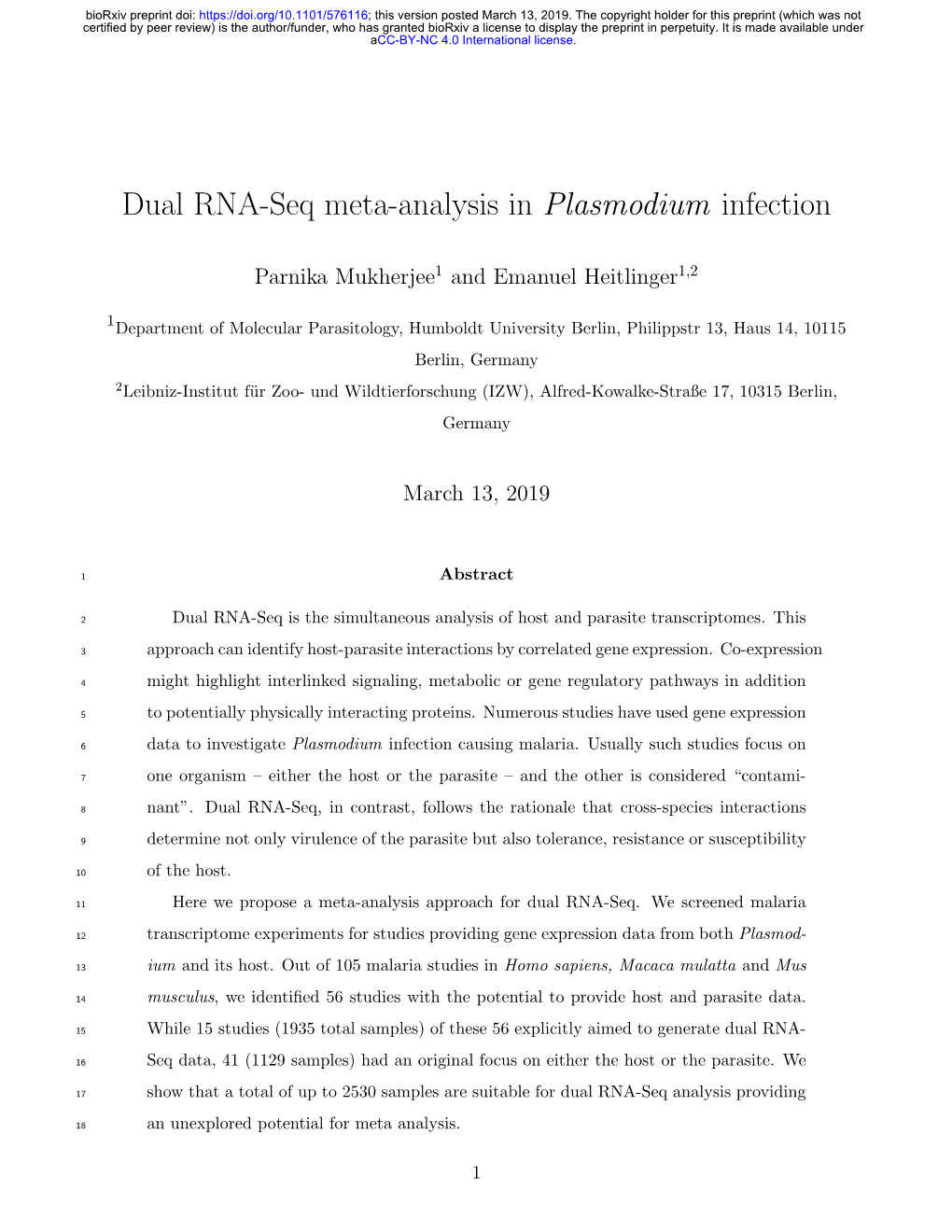 Dual RNA-Seq Meta-Analysis in Plasmodium Infection