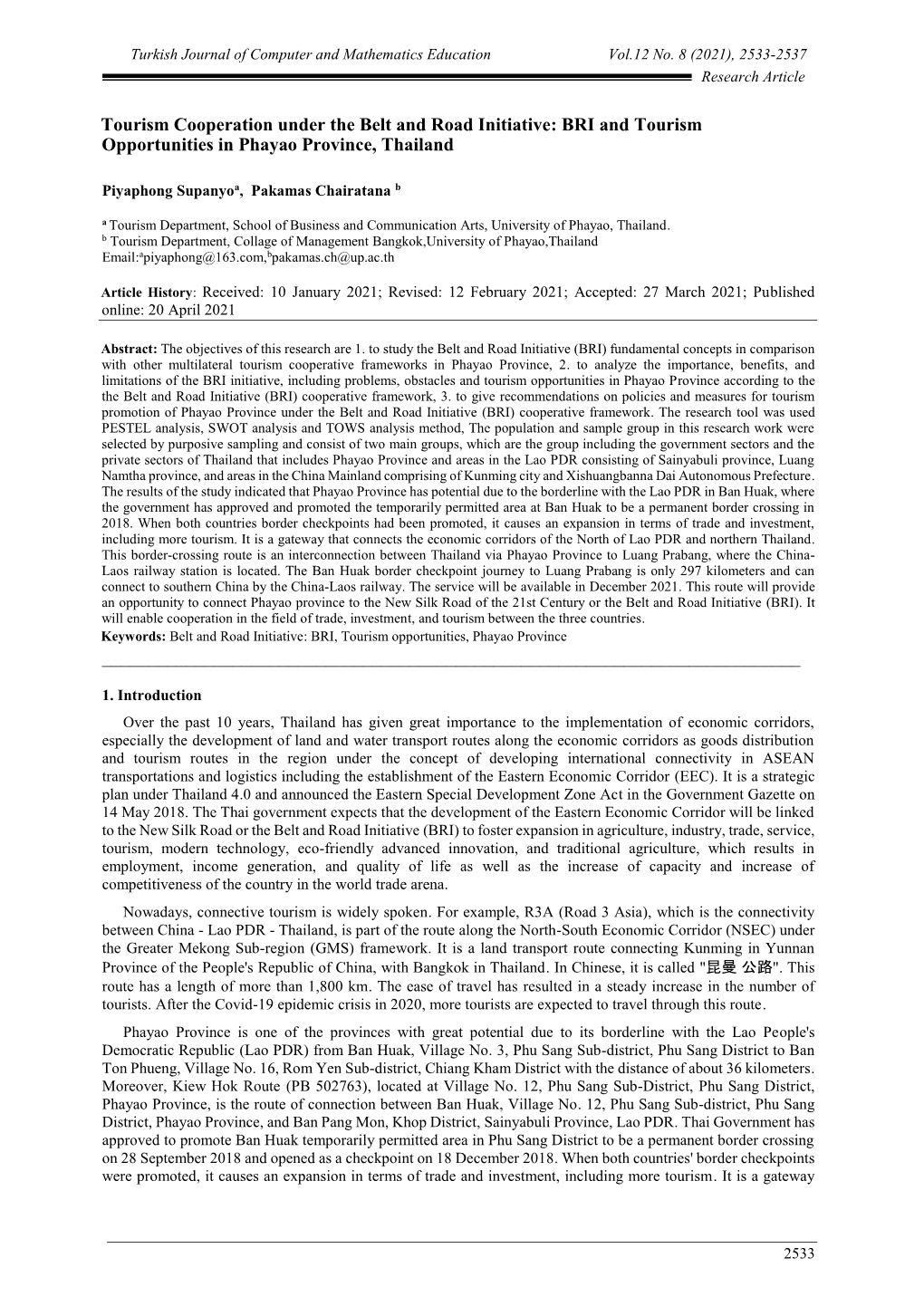 Tourism Cooperation Under the Belt and Road Initiative: BRI and Tourism Opportunities in Phayao Province, Thailand ___