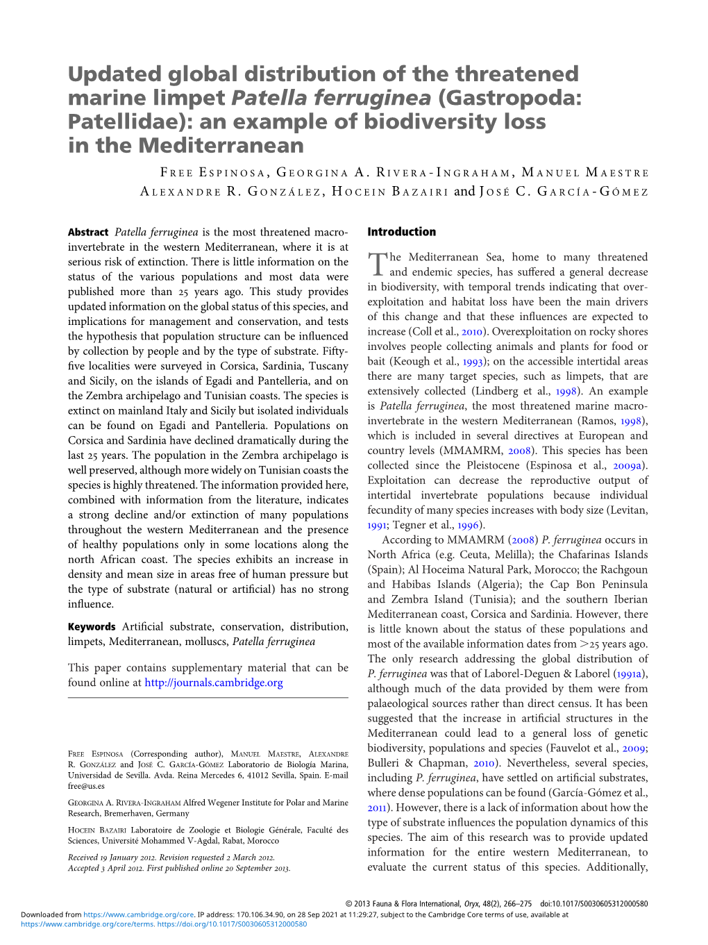 Updated Global Distribution of the Threatened Marine Limpet Patella Ferruginea (Gastropoda: Patellidae): an Example of Biodiversity Loss in the Mediterranean