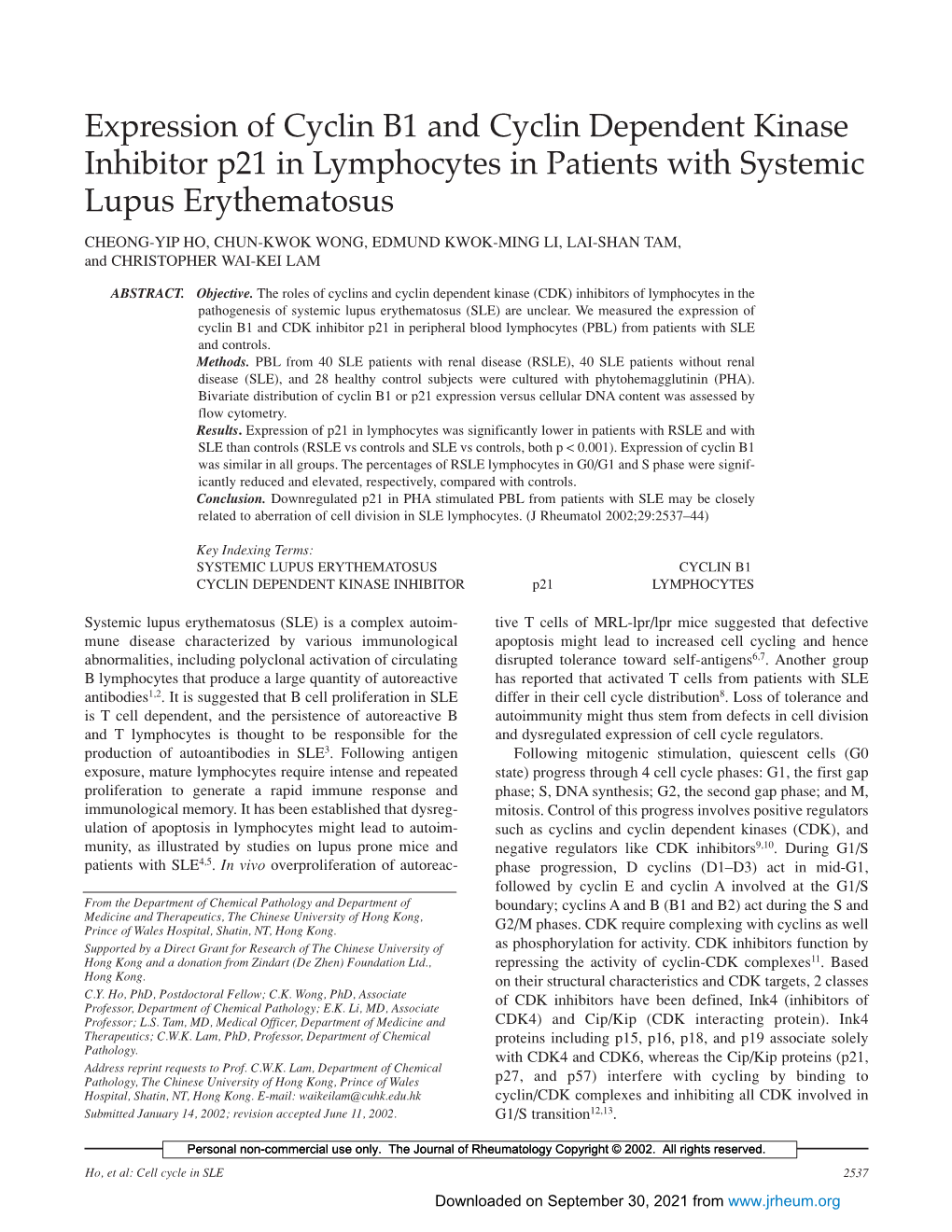 Expression of Cyclin B1 and Cyclin Dependent Kinase Inhibitor P21 In