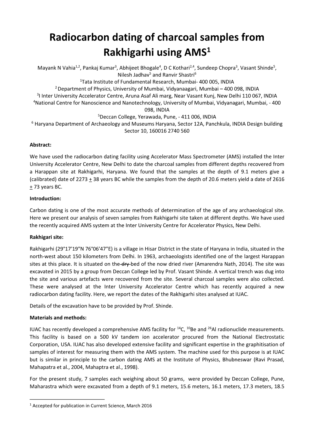 Radiocarbon Dating of Charcoal Samples from Rakhigarhi Using AMS1