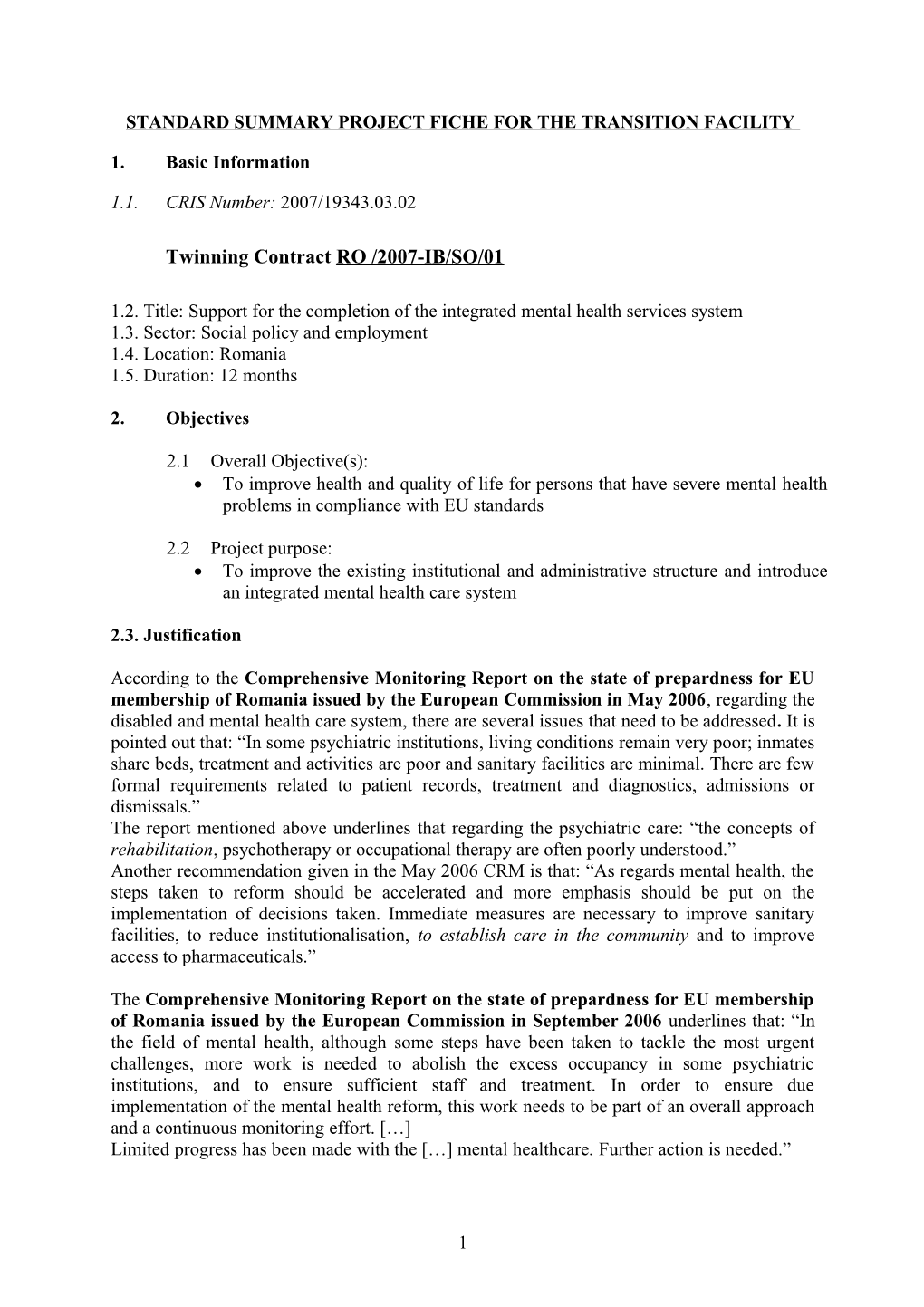 Standard Summary Project Fiche s1