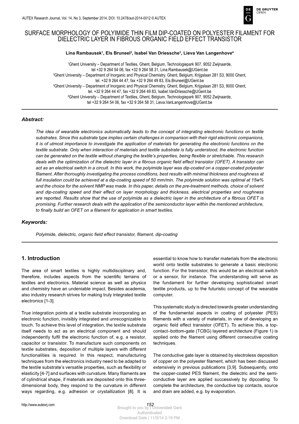 Surface Morphology of Polyimide Thin Film Dip-Coated on Polyester Filament for Dielectric Layer in Fibrous Organic Field Effect Transistor