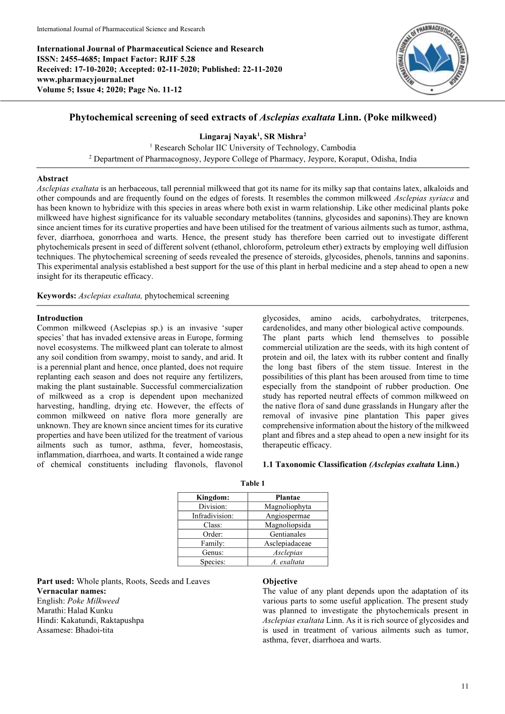 Phytochemical Screening of Seed Extracts of Asclepias Exaltata Linn