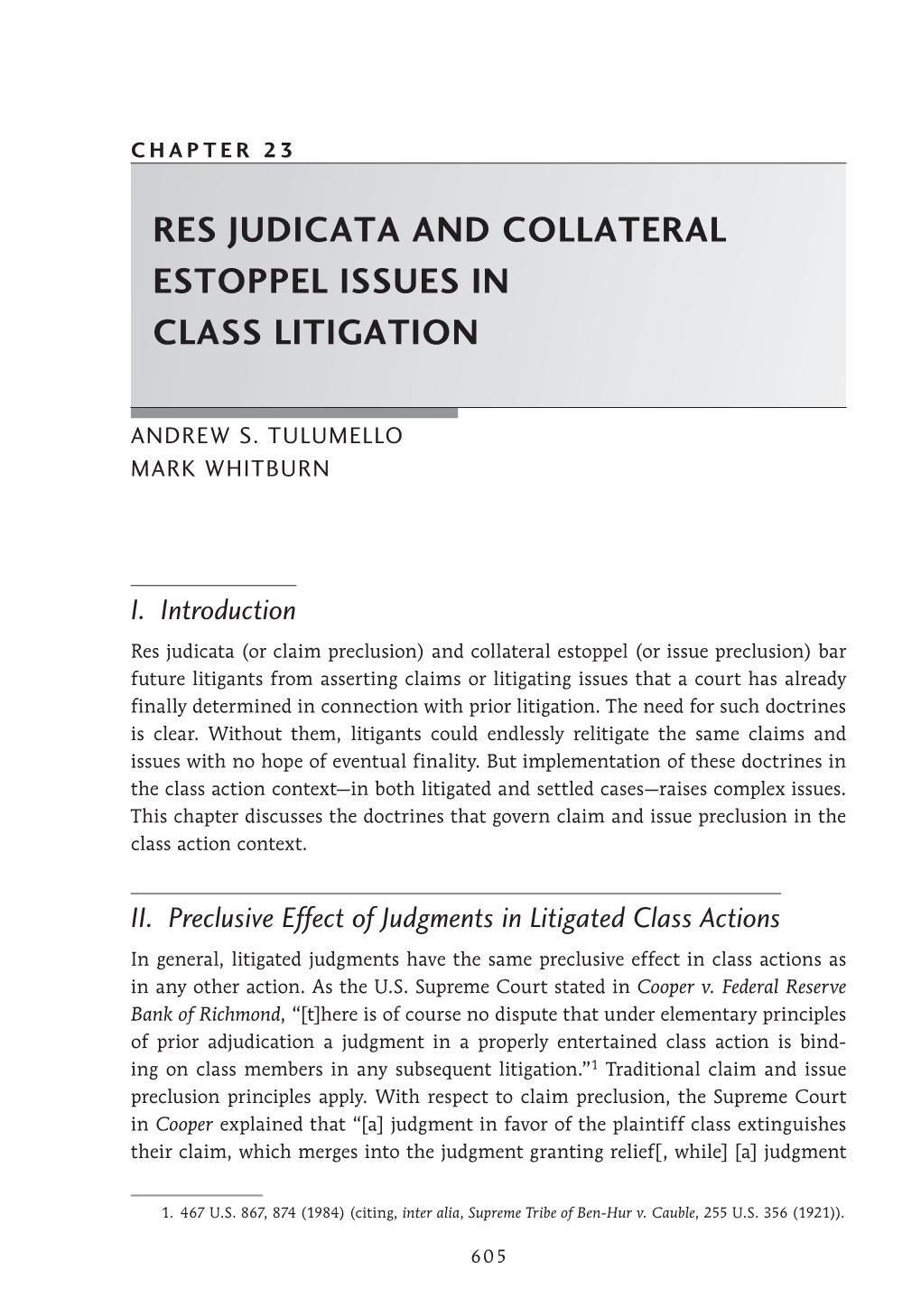 Res Judicata and Collateral Estoppel Issues in Class Litigation
