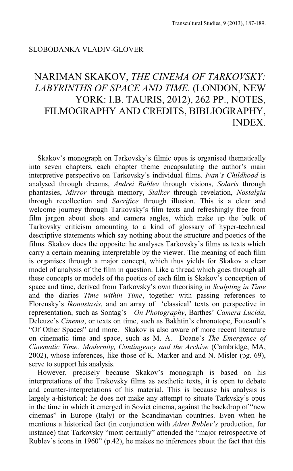 Nariman Skakov, the Cinema of Tarkovsky: Labyrinths of Space and Time