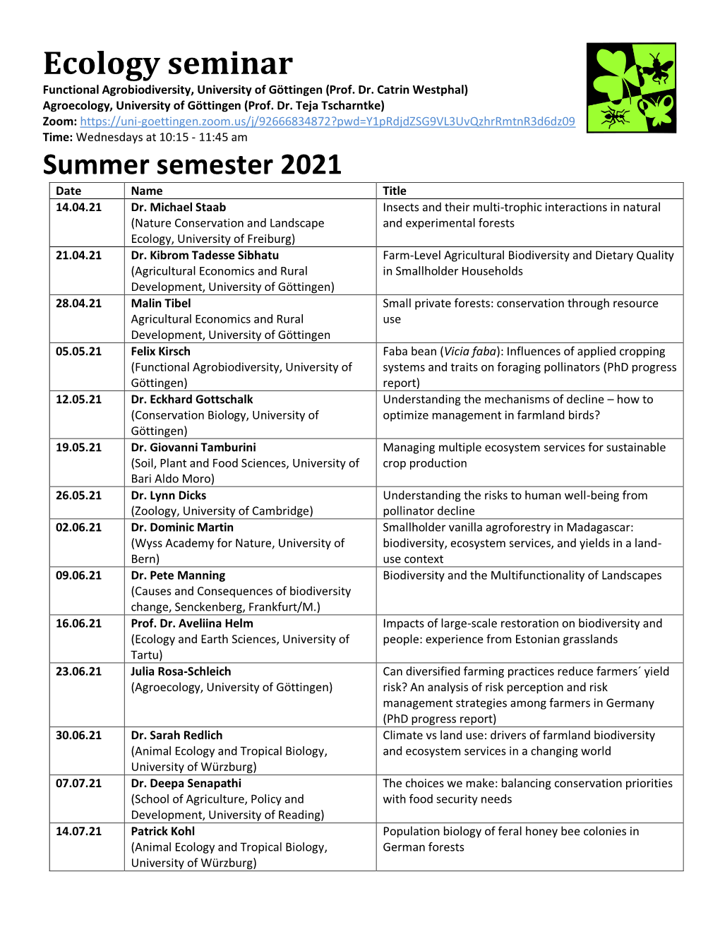 Ecology Seminar Functional Agrobiodiversity, University of Göttingen (Prof