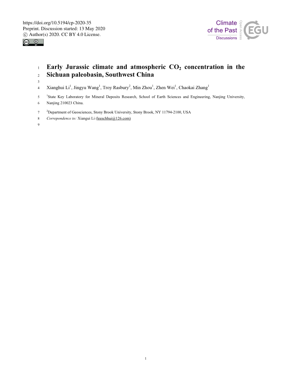 Early Jurassic Climate and Atmospheric CO 2 Concentration in the Sichuan Paleobasin, Southwest China