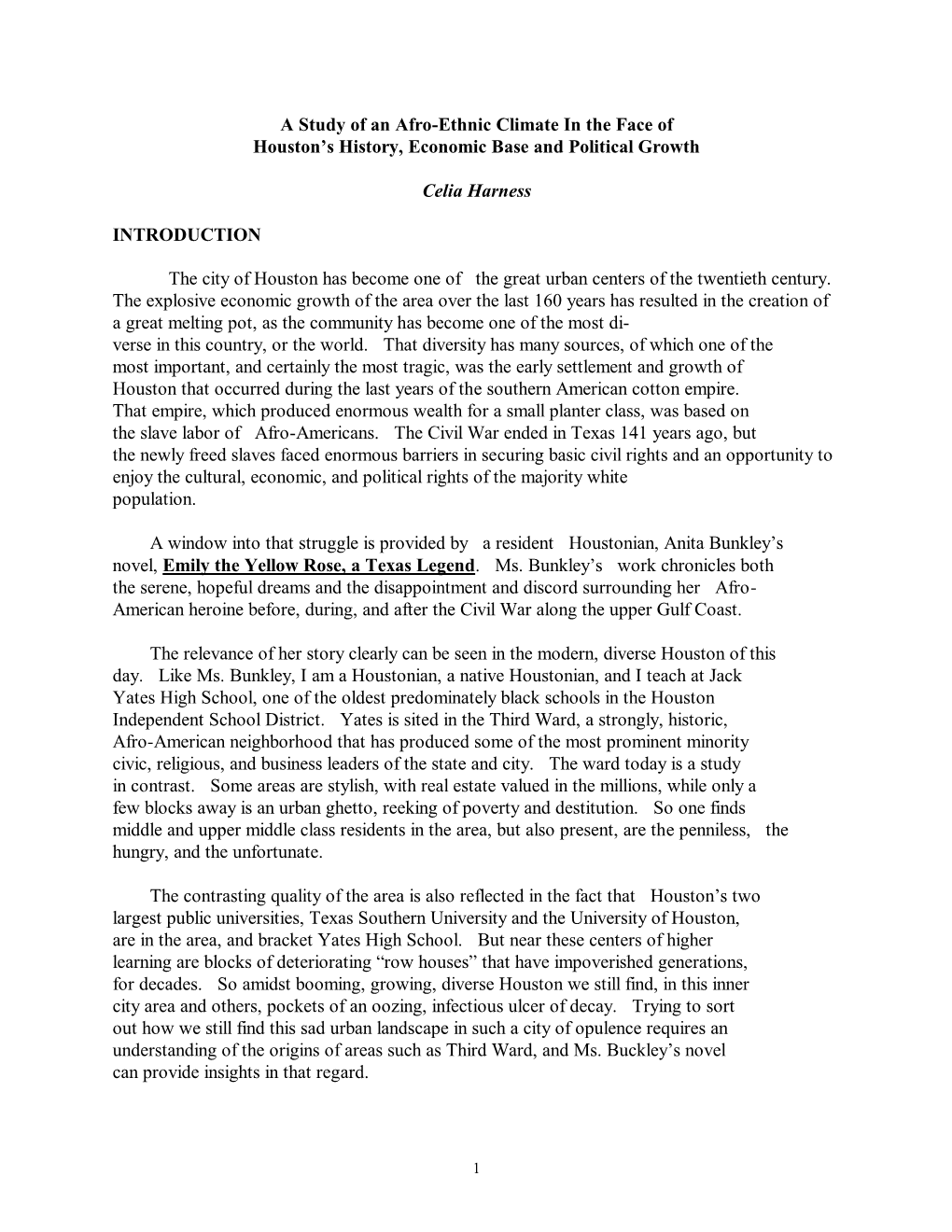 A Study of an Afro-Ethnic Climate in the Face of Houston’S History, Economic Base and Political Growth