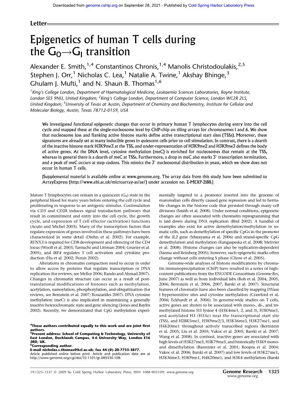 Epigenetics of Human T Cells During the G0!G1 Transition Alexander E