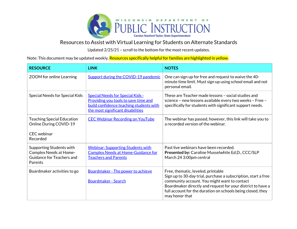 Resources to Assist with Virtual Learning for Students on Alternate Standards Updated 2/25/21 – Scroll to the Bottom for the Most Recent Updates