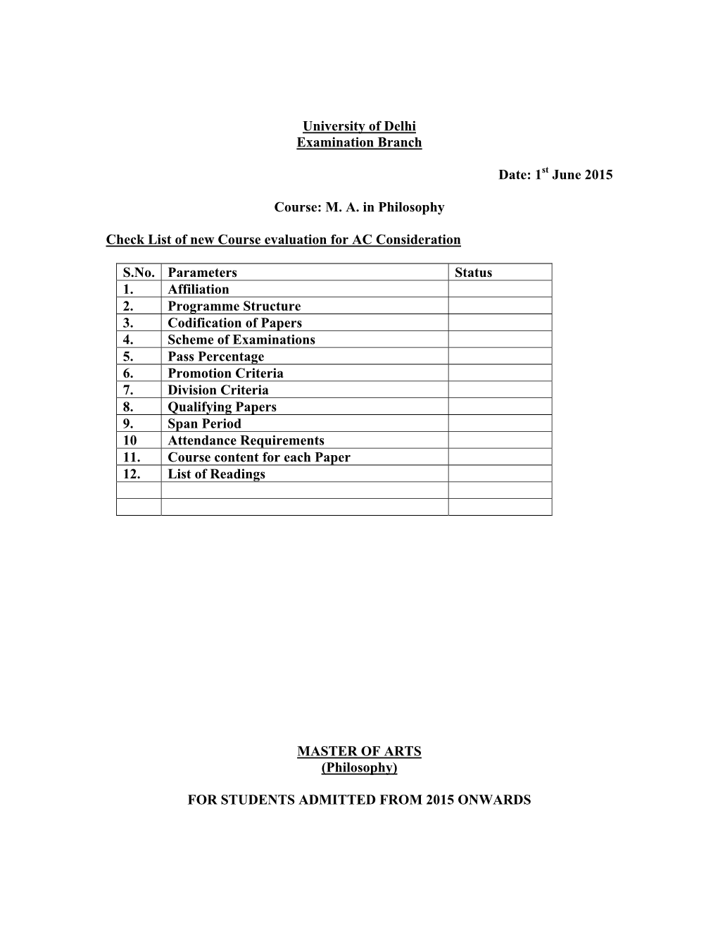 University of Delhi Examination Branch Date: 1St June 2015 Course: M. A. in Philosophy Check List of New Course Evaluation