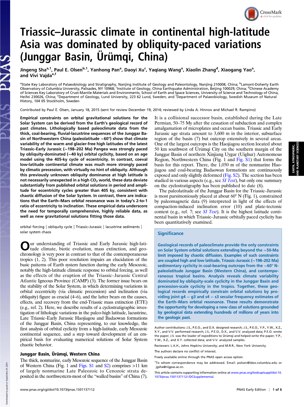 Triassic–Jurassic Climate in Continental High-Latitude Asia Was Dominated by Obliquity-Paced Variations (Junggar Basin, Ürümqi, China)