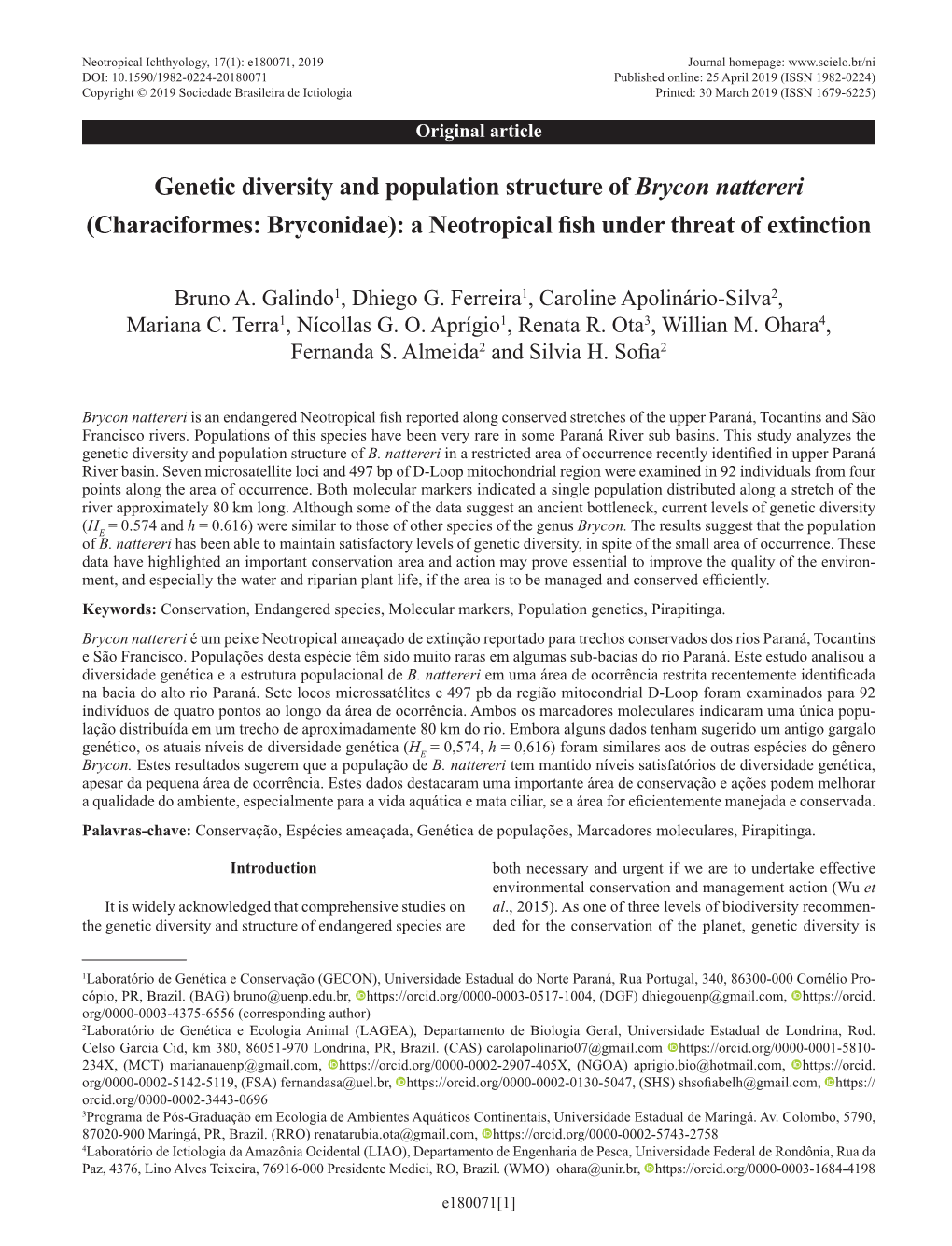 Genetic Diversity and Population Structure of Brycon Nattereri (Characiformes: Bryconidae): a Neotropical Fish Under Threat of Extinction