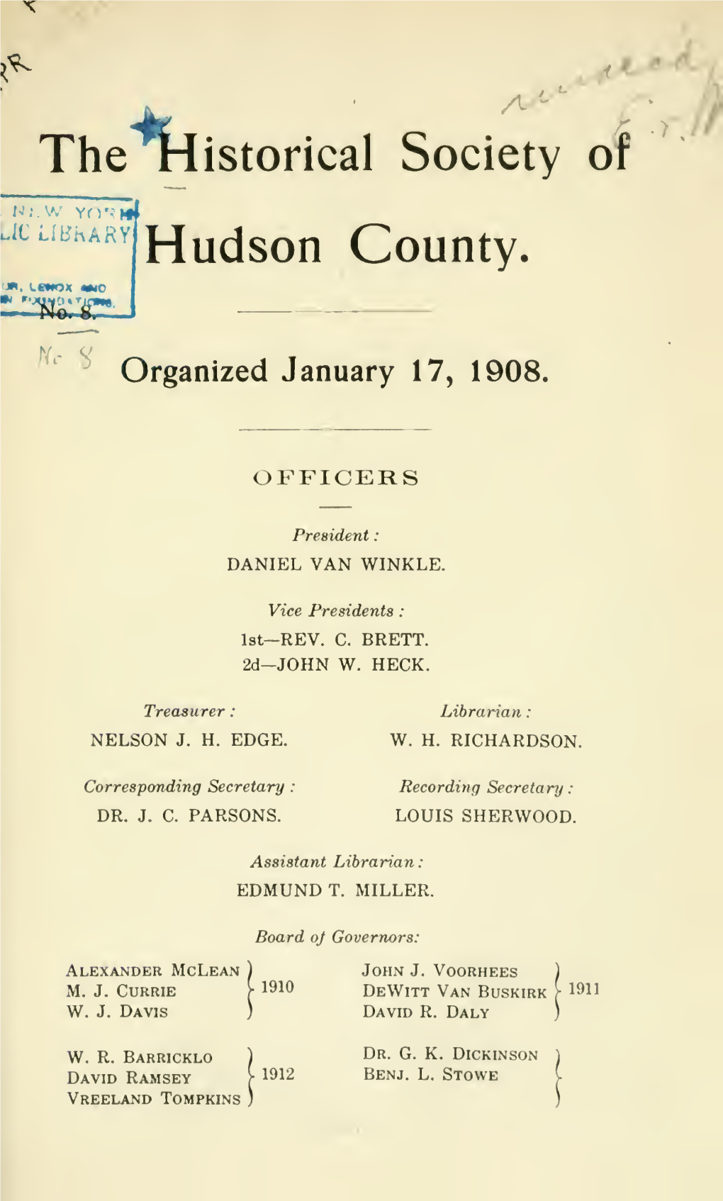 The Historical Society of Hudson County. [Papers]