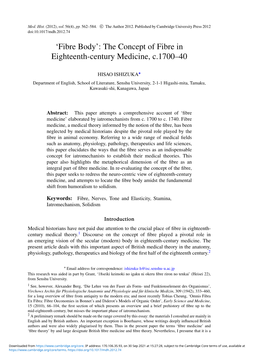 The Concept of Fibre in Eighteenth-Century Medicine, C.1700–40