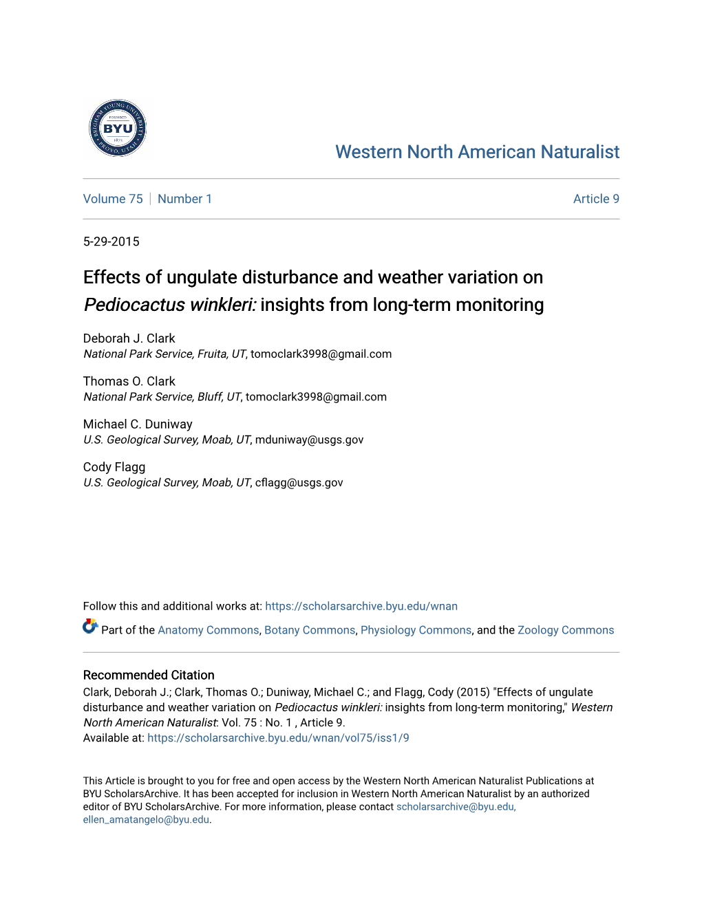 Effects of Ungulate Disturbance and Weather Variation on Pediocactus Winkleri: Insights from Long-Term Monitoring