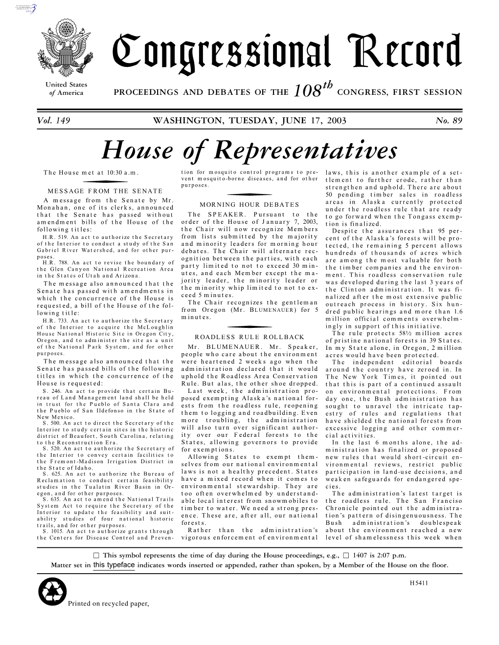 Congressional Record United States Th of America PROCEEDINGS and DEBATES of the 108 CONGRESS, FIRST SESSION