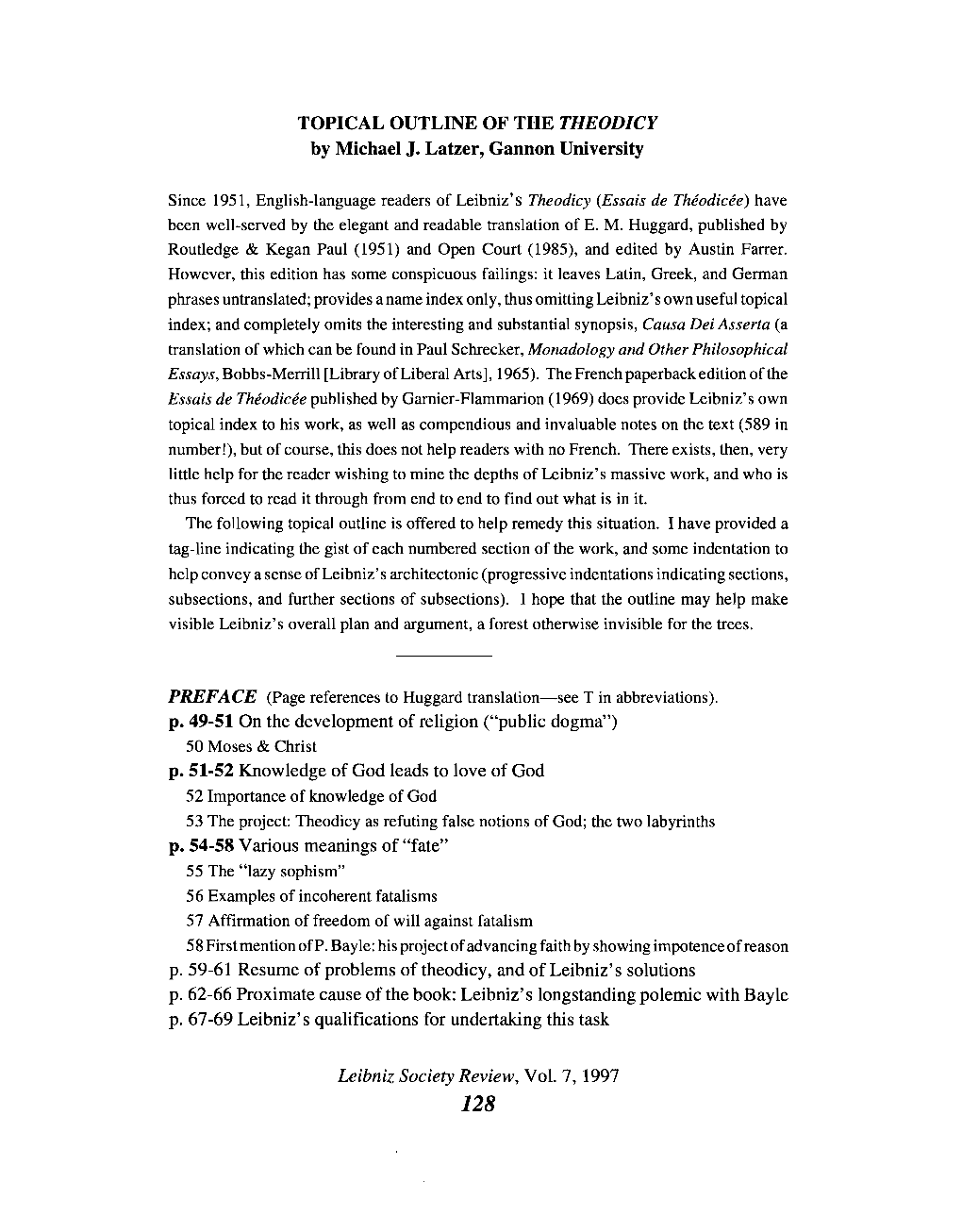 TOPICAL OUTLINE of the THEODICY by Michael J. Latzer, Gannon University