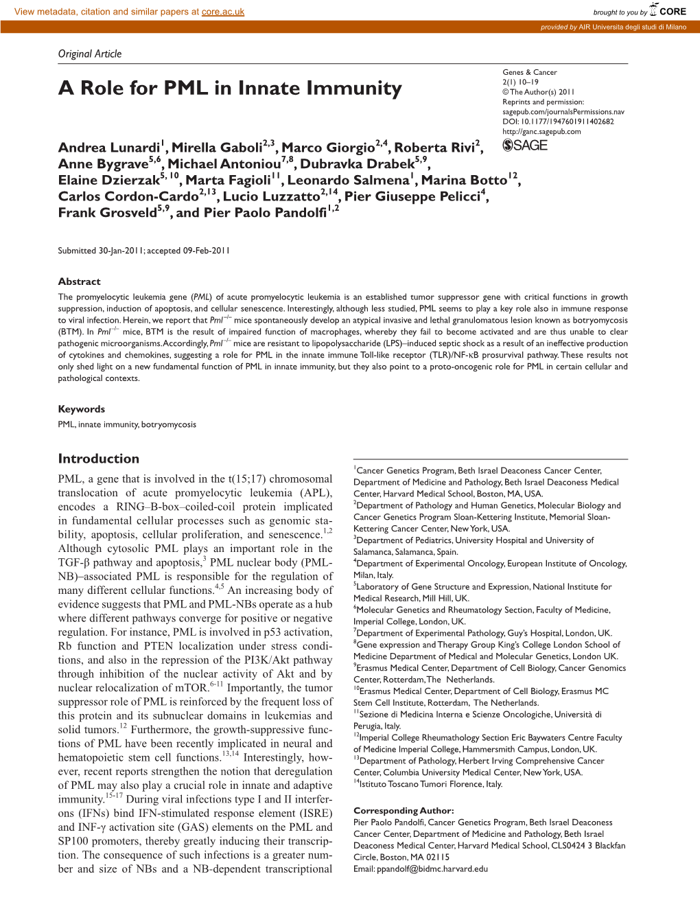 A Role for PML in Innate Immunity