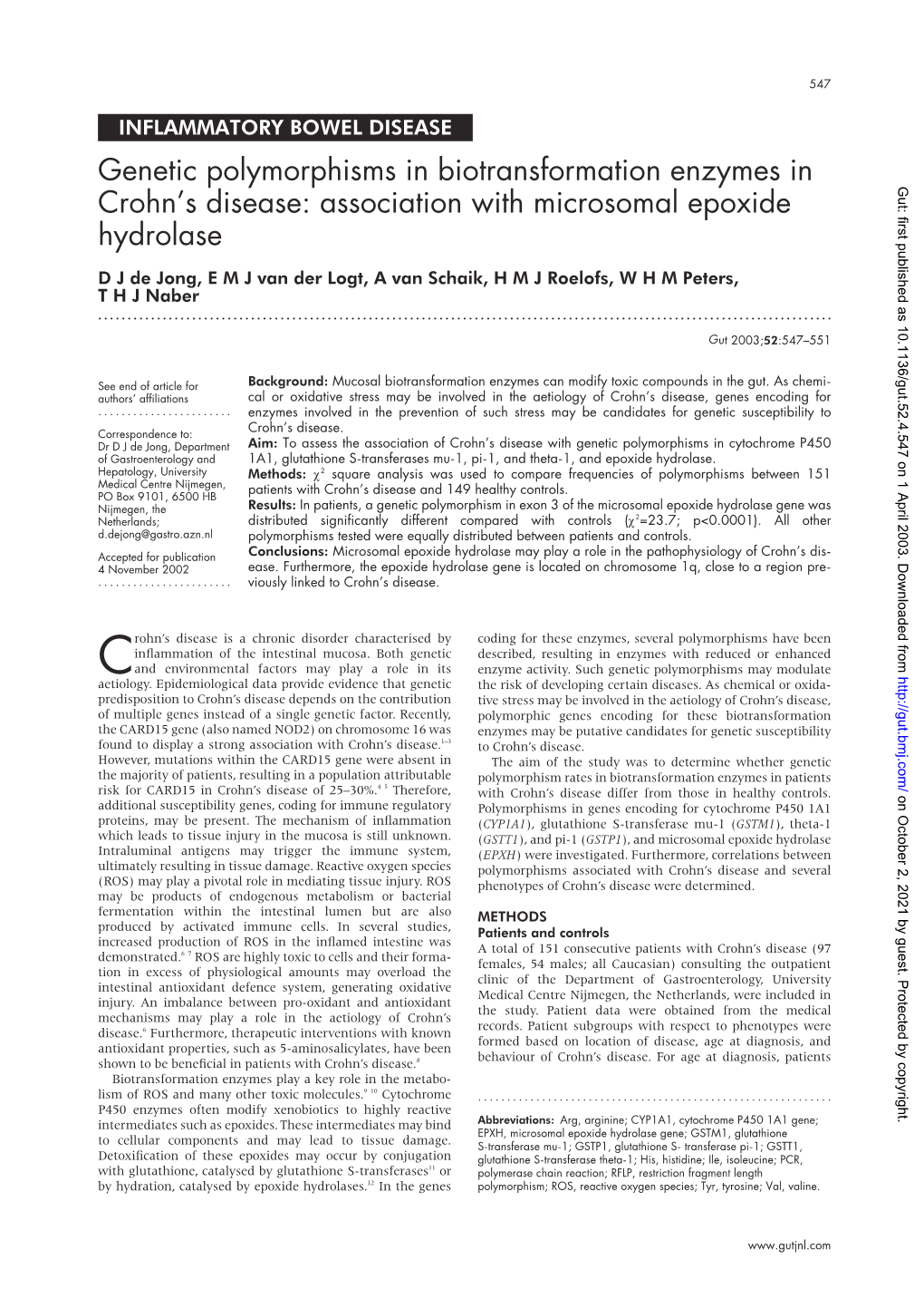 Genetic Polymorphisms in Biotransformation Enzymes in Gut: First Published As 10.1136/Gut.52.4.547 on 1 April 2003