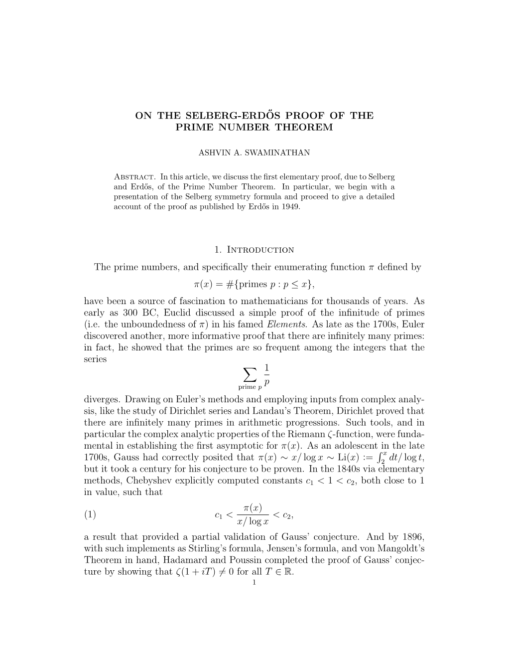 ON the SELBERG-ERD˝OS PROOF of the PRIME NUMBER THEOREM 1. Introduction the Prime Numbers, and Specifically Their Enumerating F