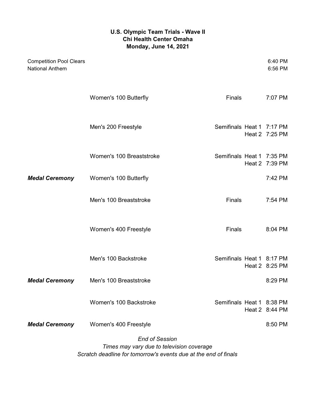 Women's 100 Butterfly Finals 7:07 PM Men's 200 Freestyle Semifinals Heat 1 7:17 PM Heat 2 7:25 PM Women's 100 Breaststroke Semif