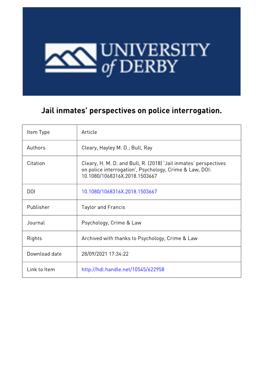 Jail Inmates' Perspectives on Police Interrogation by Hayley Cleary