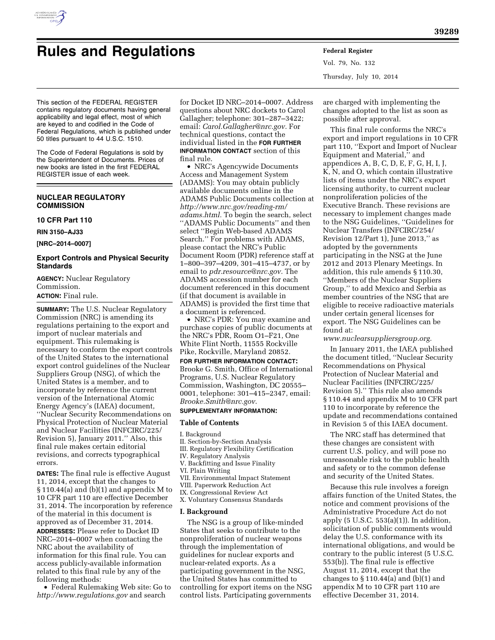 Final Rule Conforms the NRC’S Federal Regulations, Which Is Published Under Technical Questions, Contact the 50 Titles Pursuant to 44 U.S.C