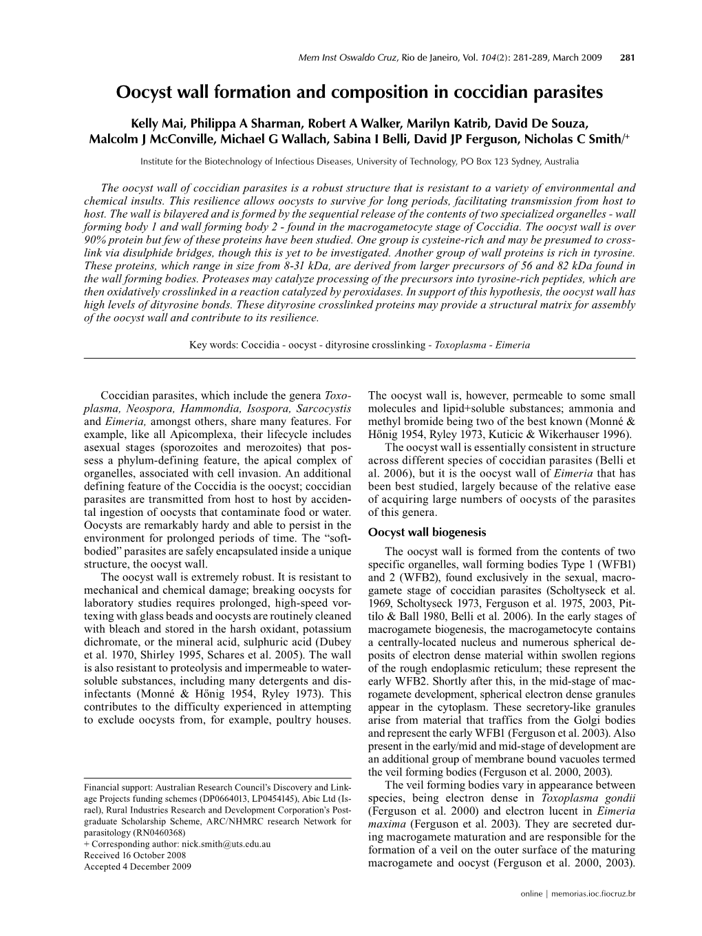 Oocyst Wall Formation and Composition in Coccidian Parasites