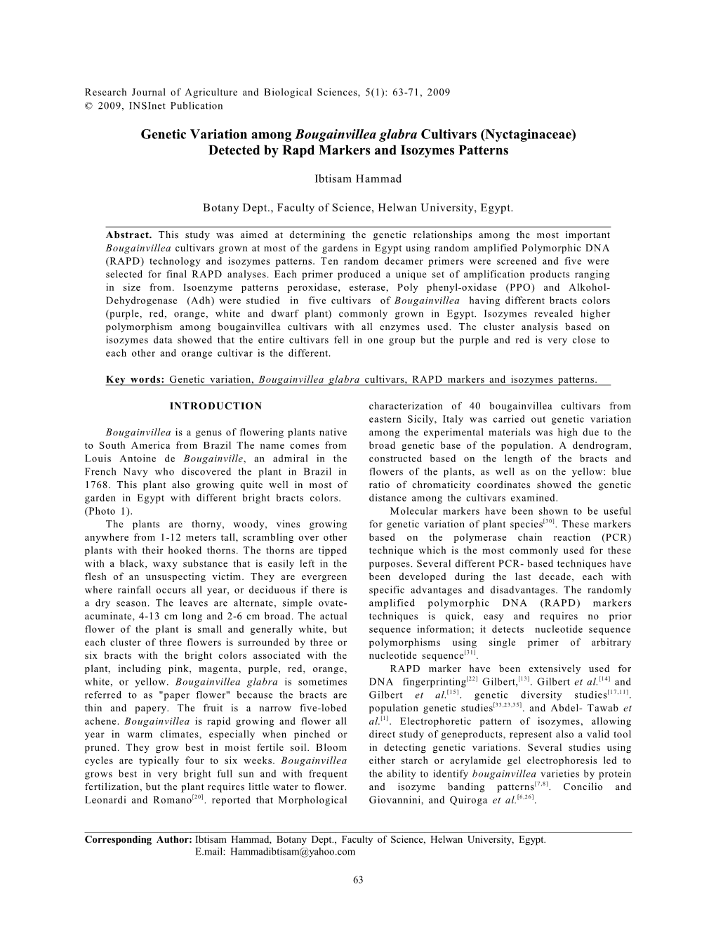 Genetic Variation Among Bougainvillea Glabra Cultivers