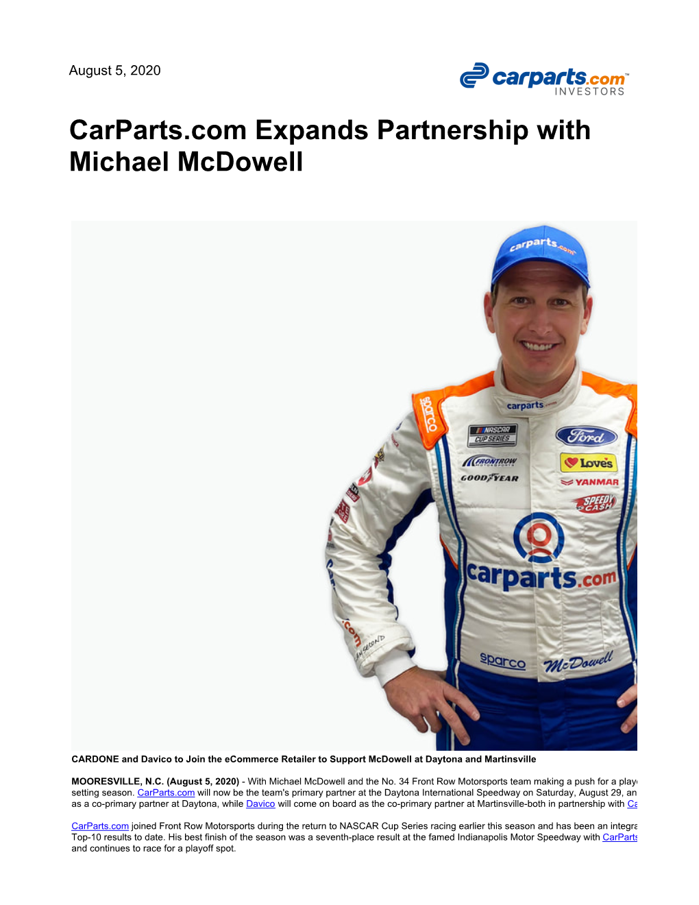 Carparts.Com Expands Partnership with Michael Mcdowell