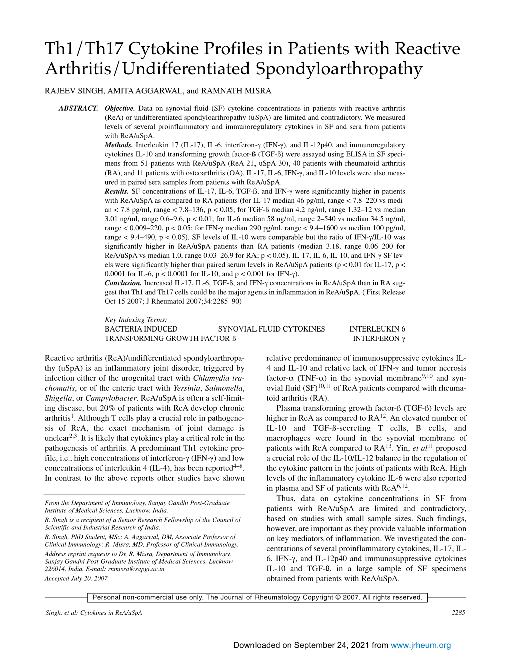 Th1/Th17 Cytokine Profiles in Patients with Reactive Arthritis/Undifferentiated Spondyloarthropathy RAJEEV SINGH, AMITA AGGARWAL, and RAMNATH MISRA