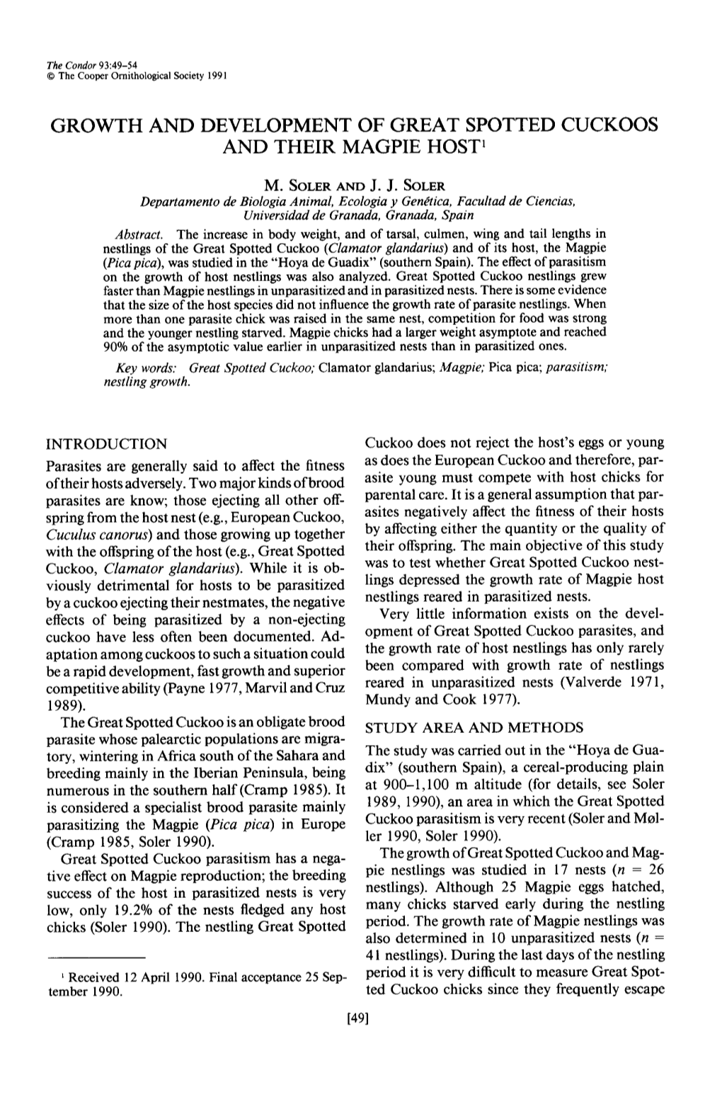 Growth and Development of Great Spotted Cuckoos and Their Magpie Host]