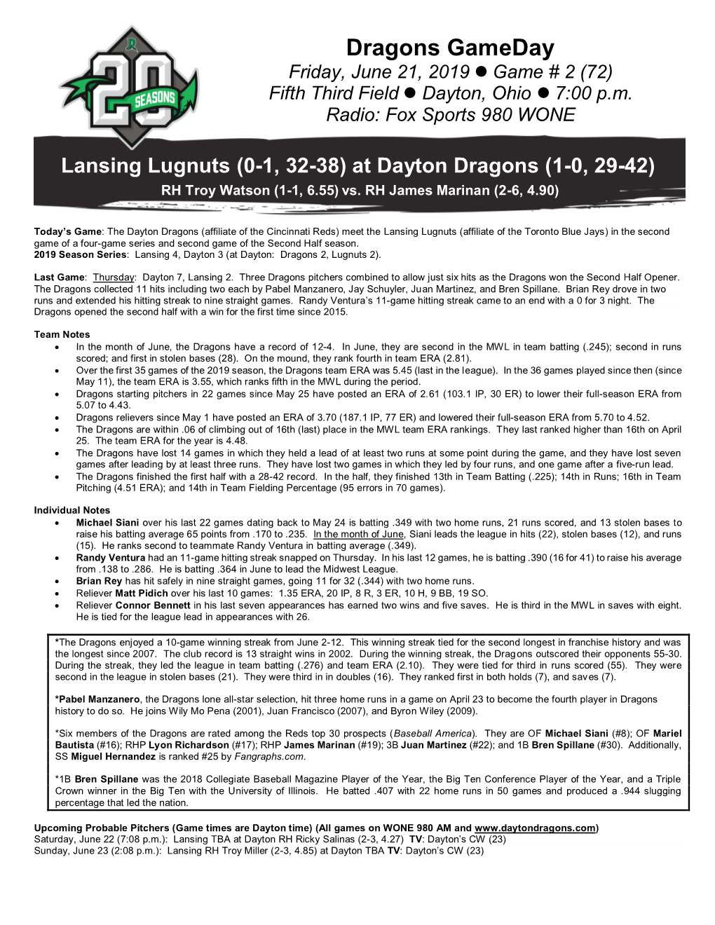 Dragons Gameday Friday, June 21, 2019  Game # 2 (72) Fifth Third Field  Dayton, Ohio  7:00 P.M