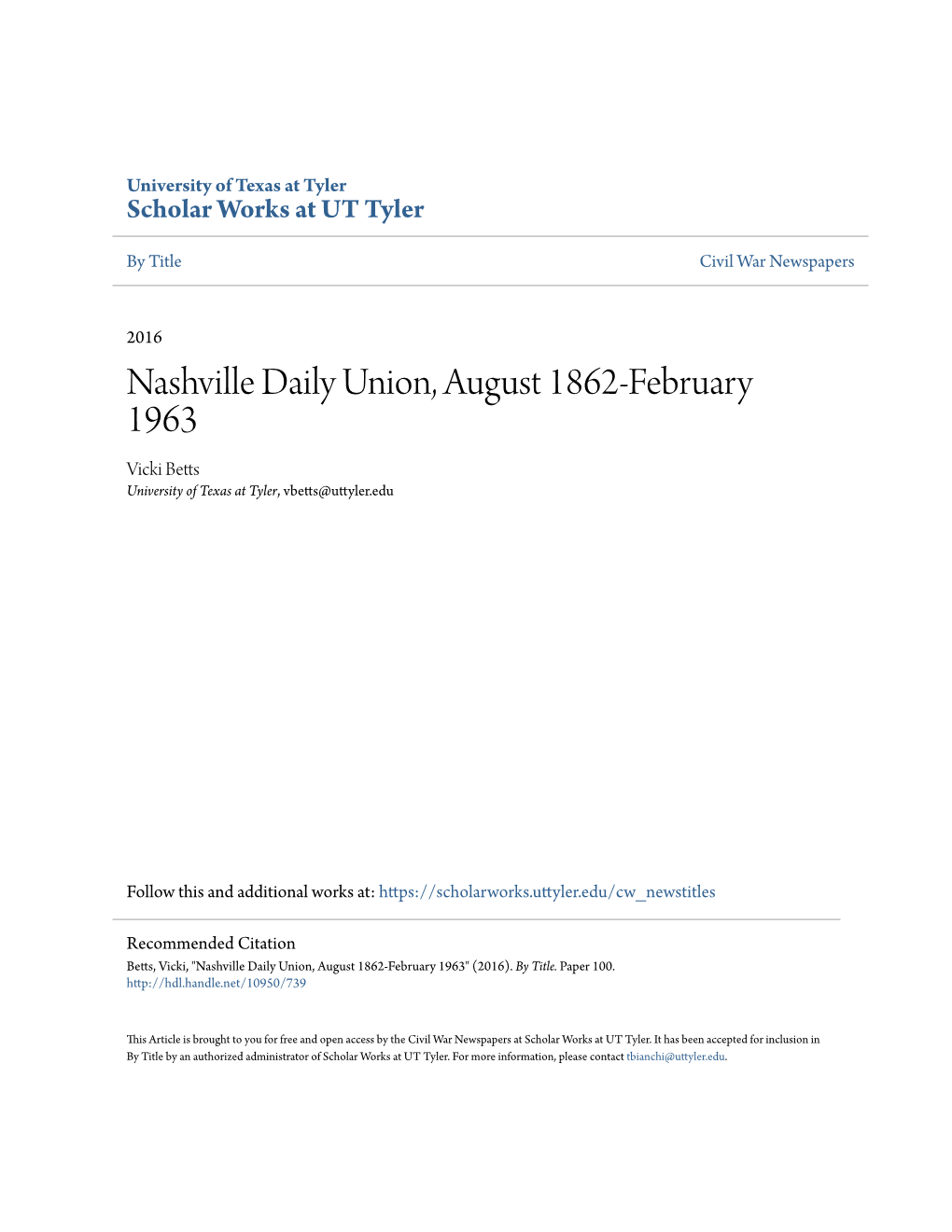 Nashville Daily Union, August 1862-February 1963 Vicki Betts University of Texas at Tyler, Vbetts@Uttyler.Edu