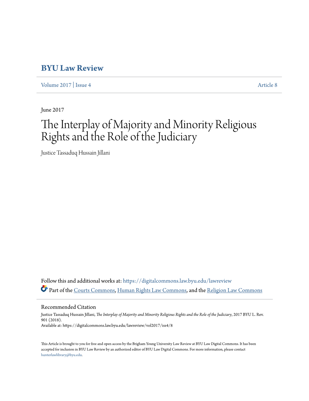 The Interplay of Majority and Minority Religious Rights and the Role of the Judiciary, 2017 BYU L