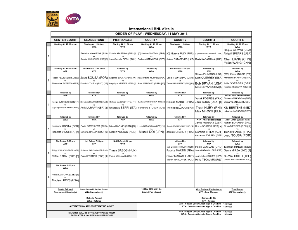 Internazionali BNL D'italia ORDER of PLAY - WEDNESDAY, 11 MAY 2016