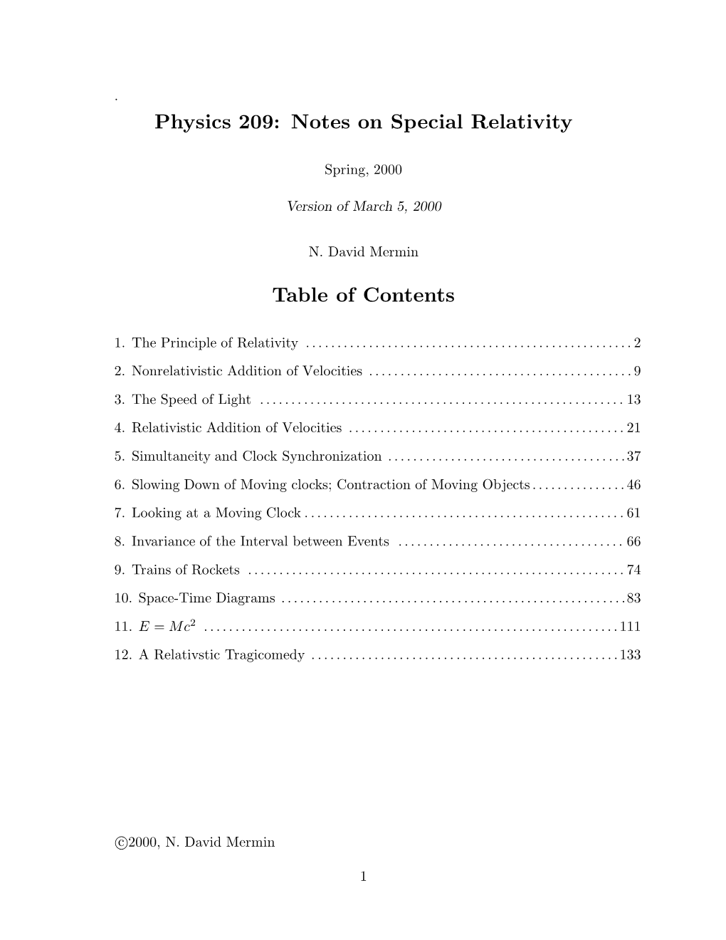 Physics 209: Notes on Special Relativity