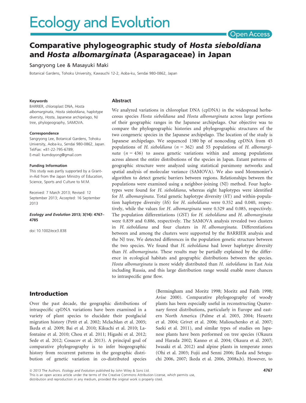 Comparative Phylogeographic Study of Hosta Sieboldiana and Hosta