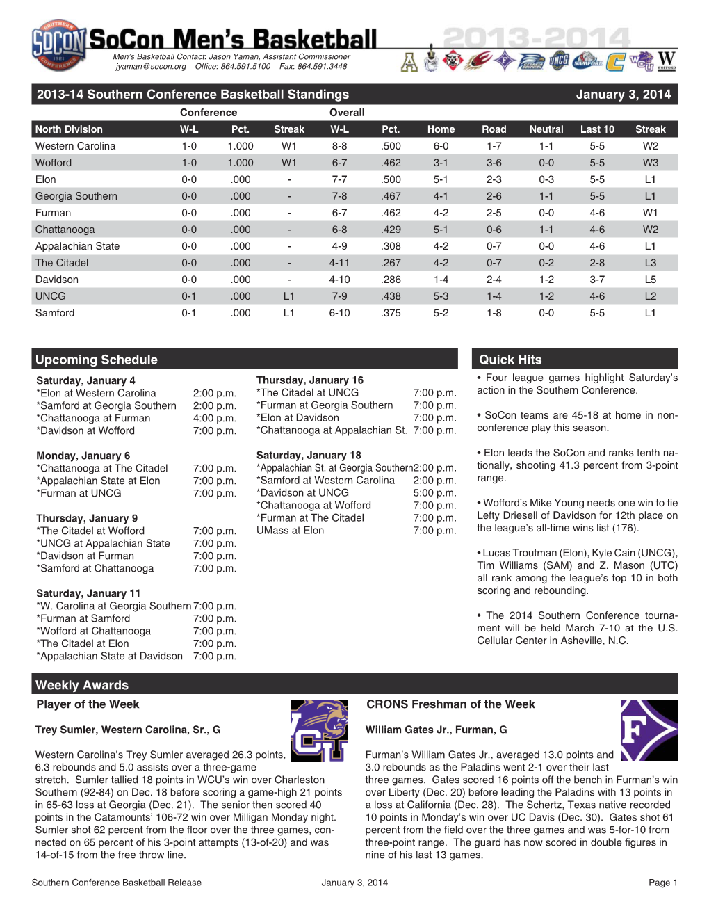 Quick Hits 2013-14 Southern Conference Basketball Standings