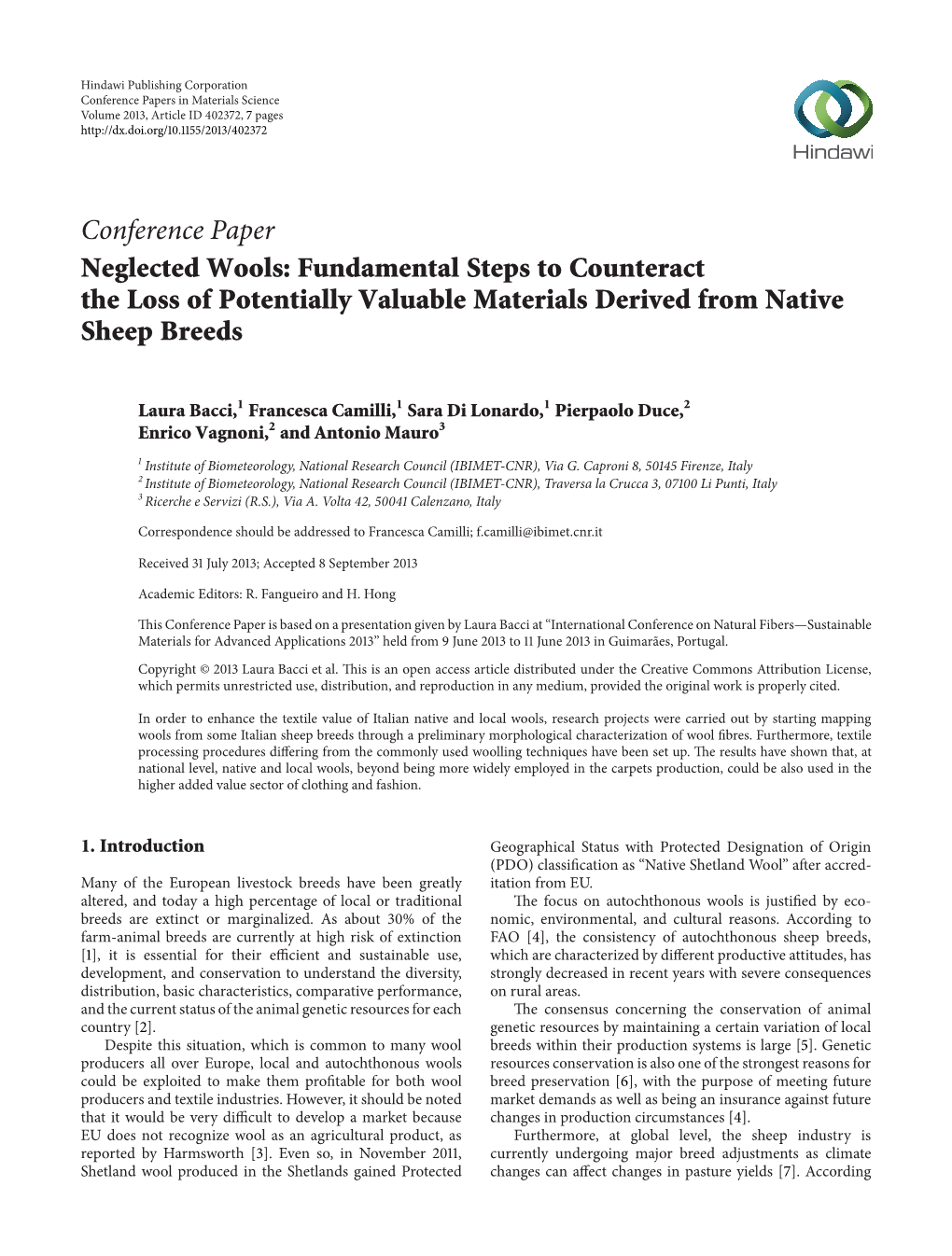 Conference Paper Neglected Wools: Fundamental Steps to Counteract the Loss of Potentially Valuable Materials Derived from Native Sheep Breeds