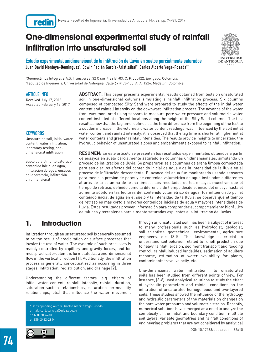 One-Dimensional Experimental Study of Rainfall Infiltration Into