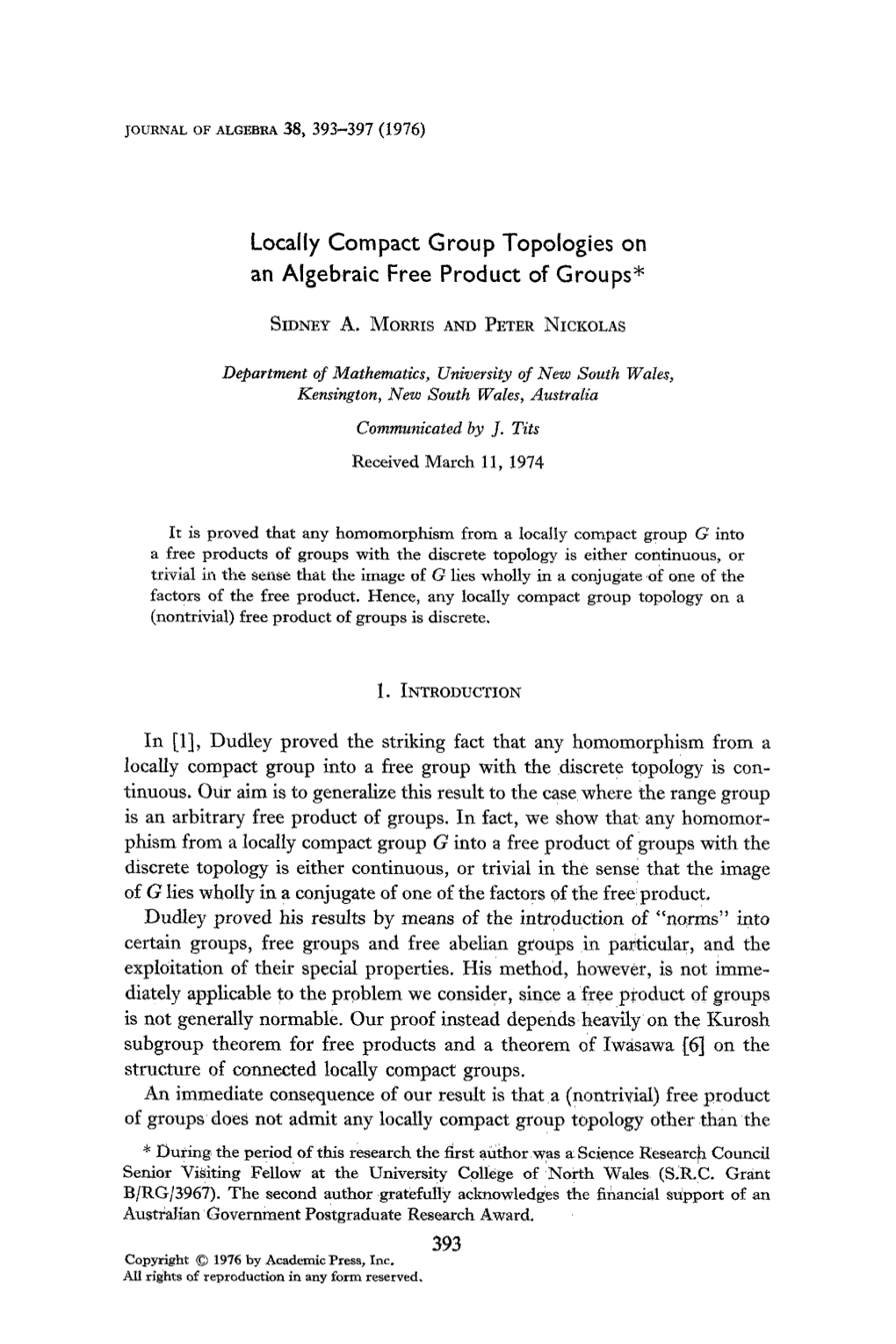 Locally Compact Group Topofogies on an Algebraic Free Product of Groups*